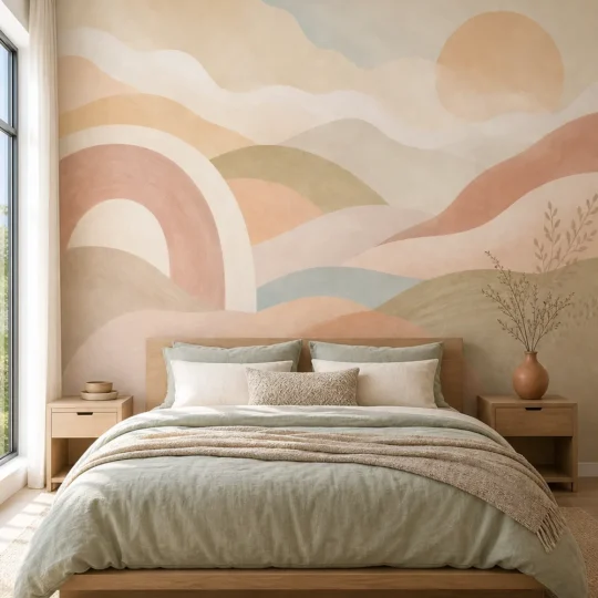A soft abstract cozy wallpaper mural with terracotta hills in a minimalist Scandi-Boho bedroom.
