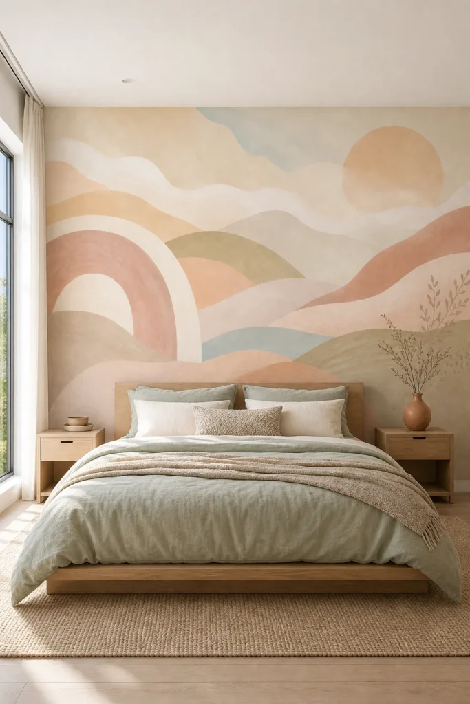 A soft abstract cozy wallpaper mural with terracotta hills in a minimalist Scandi-Boho bedroom.