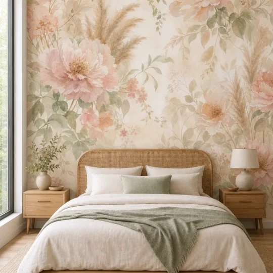 A Contemporary Scandi-Boho bedroom featuring a warm soft botanical wallpaper mural with watercolor peonies behind a rattan bed.