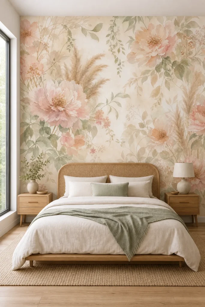 A Contemporary Scandi-Boho bedroom featuring a warm soft botanical wallpaper mural with watercolor peonies behind a rattan bed.