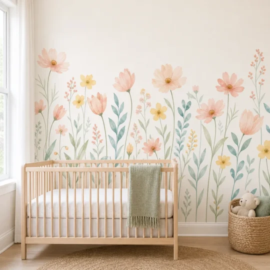 A modern Scandinavian nursery featuring an airy peach cosmos wallpaper mural on a large accent wall behind a light ash crib.