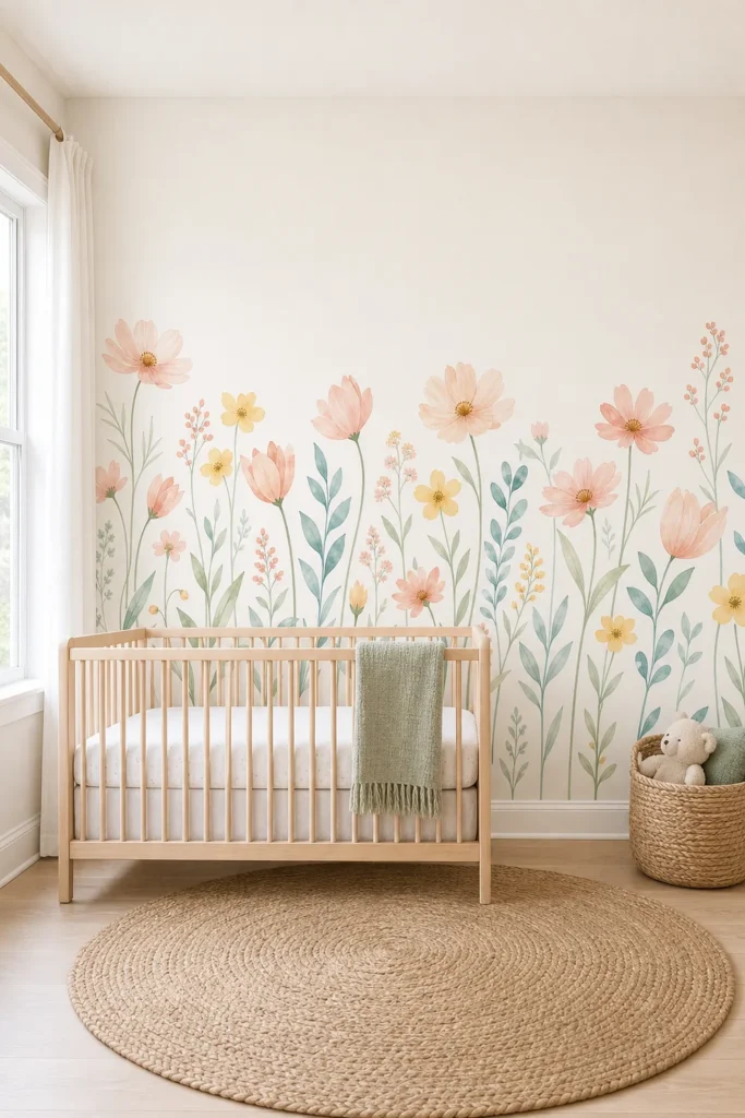 A modern Scandinavian nursery featuring an airy peach cosmos wallpaper mural on a large accent wall behind a light ash crib.