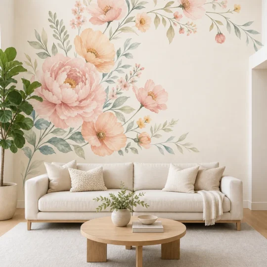 A contemporary Scandi living room featuring an asymmetric peony arch wallpaper mural behind a low-profile sofa.