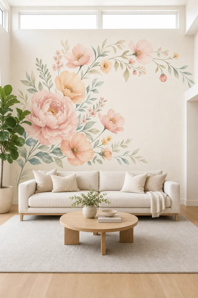 A contemporary Scandi living room featuring an asymmetric peony arch wallpaper mural behind a low-profile sofa.