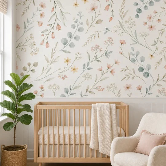 A modern Scandinavian nursery with a natural oak crib and a floating botanical vine wallpaper mural featuring watercolor wildflowers.