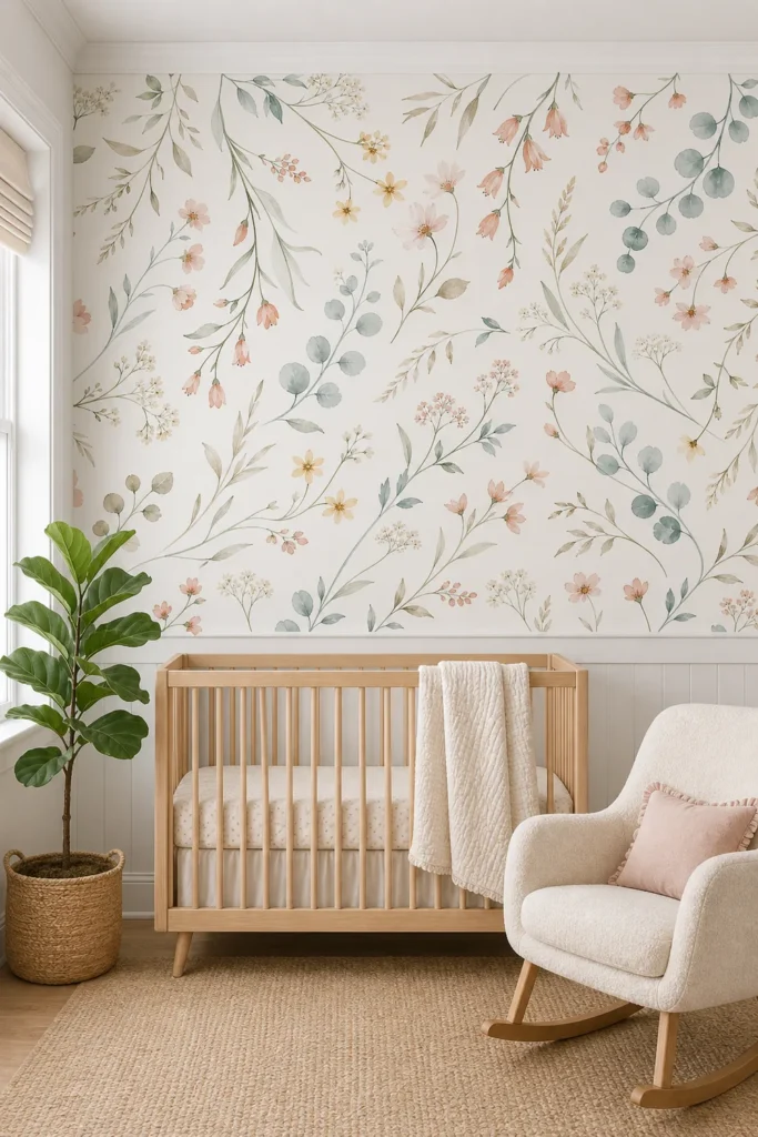A modern Scandinavian nursery with a natural oak crib and a floating botanical vine wallpaper mural featuring watercolor wildflowers.