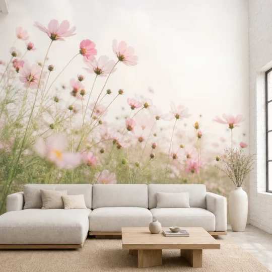 A Scandinavian minimalist loft featuring a dreamy pastel cosmos meadow wallpaper mural on a large feature wall behind a sleek sectional sofa.