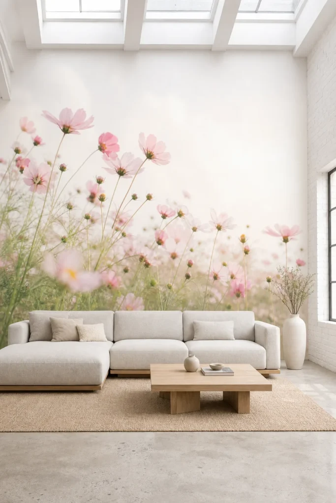 A Scandinavian minimalist loft featuring a dreamy pastel cosmos meadow wallpaper mural on a large feature wall behind a sleek sectional sofa.