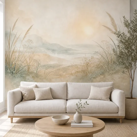 A Scandinavian living room featuring a calm cozy coastal dune wallpaper mural with pampas grass and soft hills.