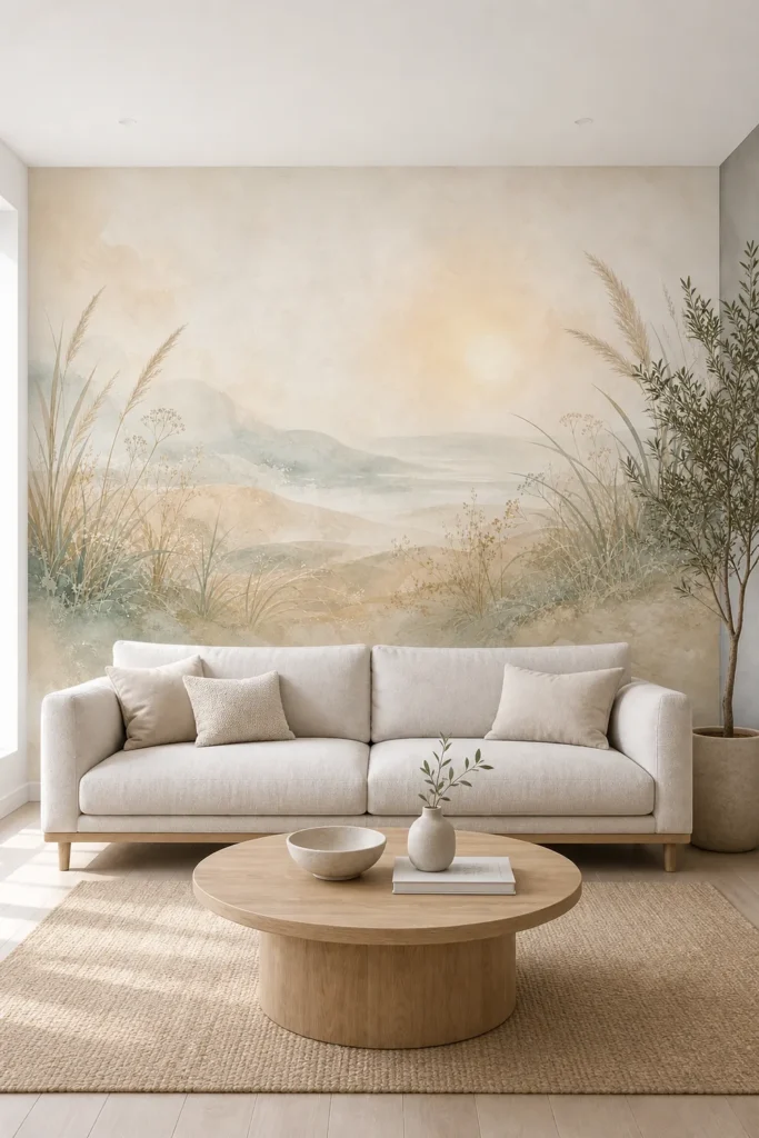 A Scandinavian living room featuring a calm cozy coastal dune wallpaper mural with pampas grass and soft hills.
