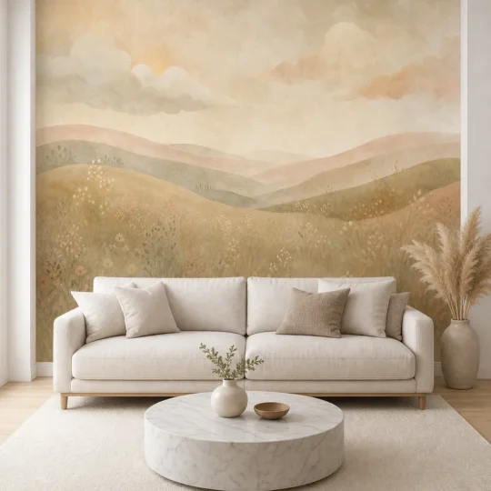 A Contemporary Nordic living room featuring a misty hills wallpaper mural in soft watercolor tones behind a minimal sofa.