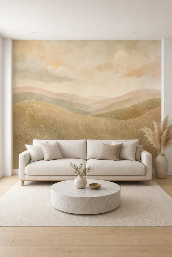A Contemporary Nordic living room featuring a misty hills wallpaper mural in soft watercolor tones behind a minimal sofa.