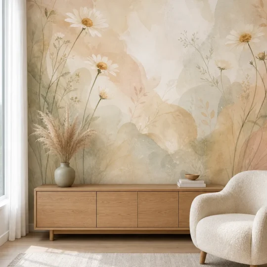 A Modern Scandinavian Zen living room featuring a chamomile floral wallpaper mural with watercolor daisies behind an oak sideboard.