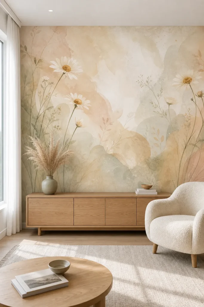 A Modern Scandinavian Zen living room featuring a chamomile floral wallpaper mural with watercolor daisies behind an oak sideboard.