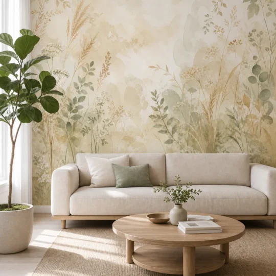 A modern Scandinavian living room featuring a cottage botanical wallpaper mural with watercolor meadow plants behind a neutral sofa.