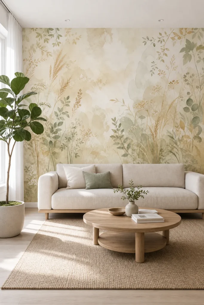 A modern Scandinavian living room featuring a cottage botanical wallpaper mural with watercolor meadow plants behind a neutral sofa.