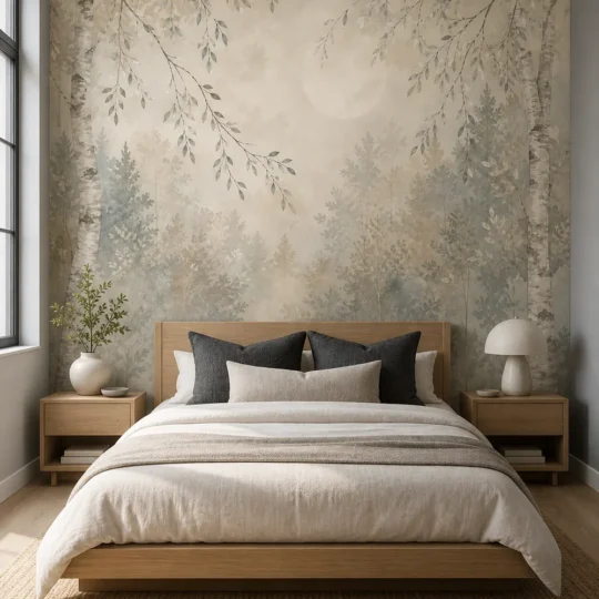 A Scandinavian minimalist master bedroom featuring a soft woodland wallpaper mural of birch trees and a glowing moon behind a platform bed.