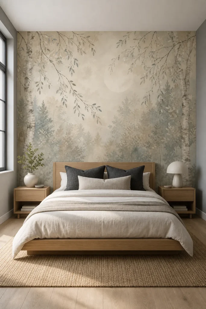 A Scandinavian minimalist master bedroom featuring a soft woodland wallpaper mural of birch trees and a glowing moon behind a platform bed.