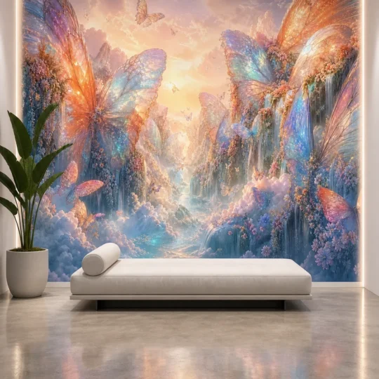 A contemporary minimalist exhibition suite showcasing an ethereal butterfly canyon fantasy opal sunrise wall mural on the main feature wall.