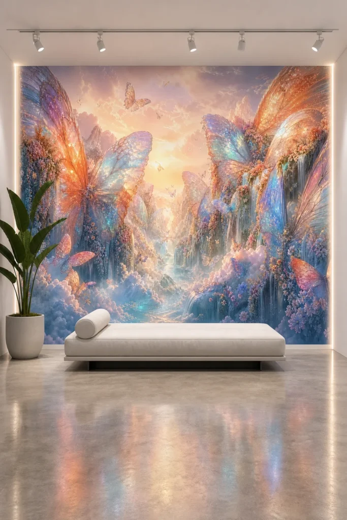 A contemporary minimalist exhibition suite showcasing an ethereal butterfly canyon fantasy opal sunrise wall mural on the main feature wall.