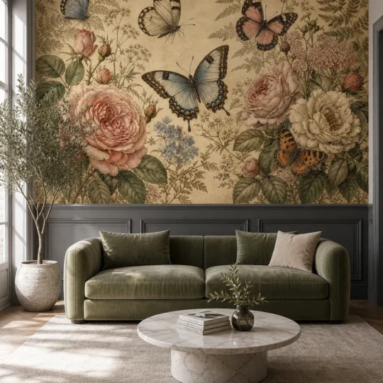 A Modern Parisian living room featuring a vintage botanical butterfly rose garden engraving wall mural above charcoal wainscoting.