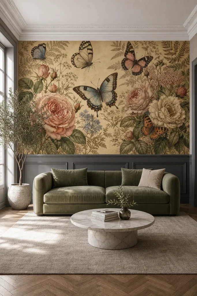 A Modern Parisian living room featuring a vintage botanical butterfly rose garden engraving wall mural above charcoal wainscoting.