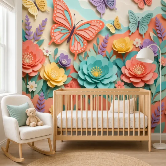 A Scandi-minimalist nursery featuring a paper cut butterfly flower meadow pastel wall mural behind a light oak crib.