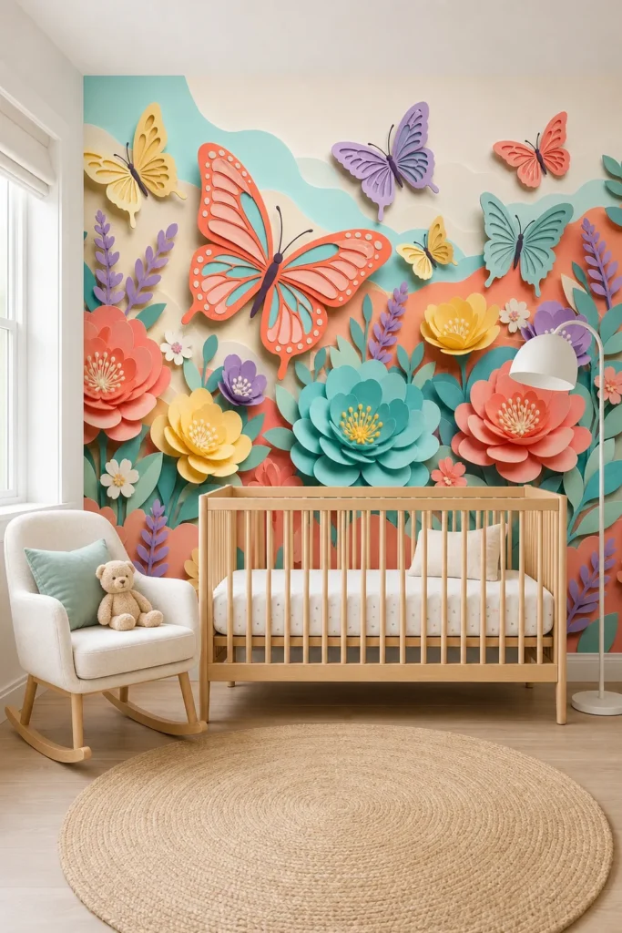A Scandi-minimalist nursery featuring a paper cut butterfly flower meadow pastel wall mural behind a light oak crib.