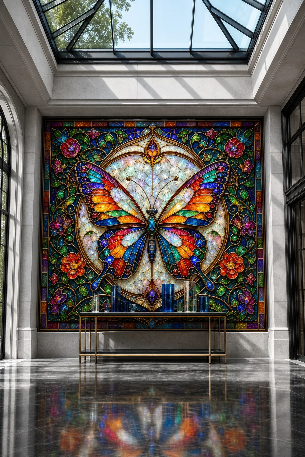 A luxury contemporary hallway featuring a stained glass butterfly floral mosaic colorful wall mural framed by light gray limestone.