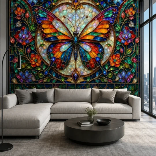 A modern penthouse interior featuring a large stained glass butterfly floral mosaic colorful wall mural on a feature wall.