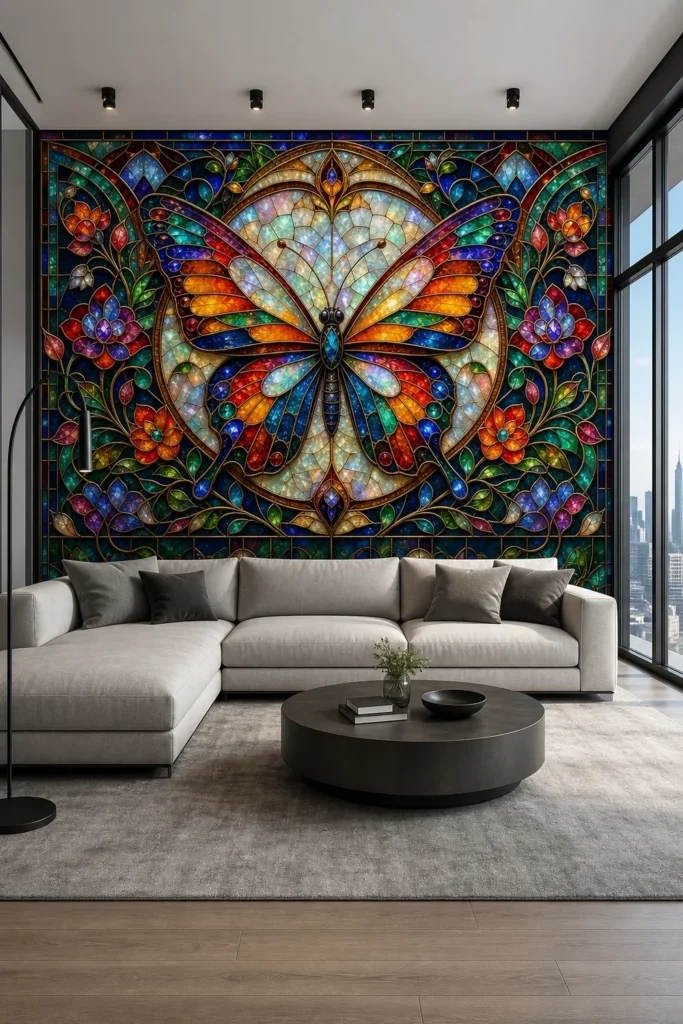 A modern penthouse interior featuring a large stained glass butterfly floral mosaic colorful wall mural on a feature wall.
