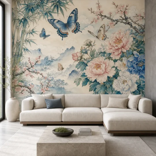 A modern Zen minimalist lounge featuring a chinoiserie butterfly peony blossom silk painting wall mural on the main focal wall.