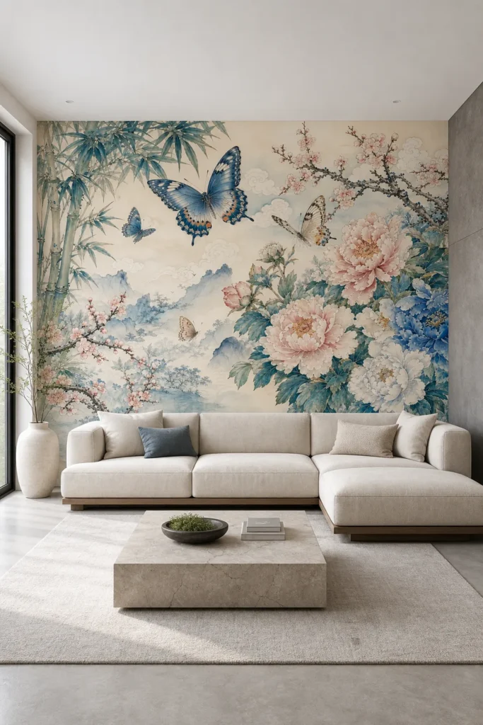 A modern Zen minimalist lounge featuring a chinoiserie butterfly peony blossom silk painting wall mural on the main focal wall.