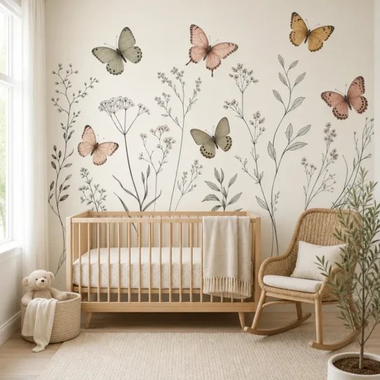 A Scandinavian minimalist nursery featuring a minimalist botanical butterfly line art wildflower wall mural behind a light wood crib.