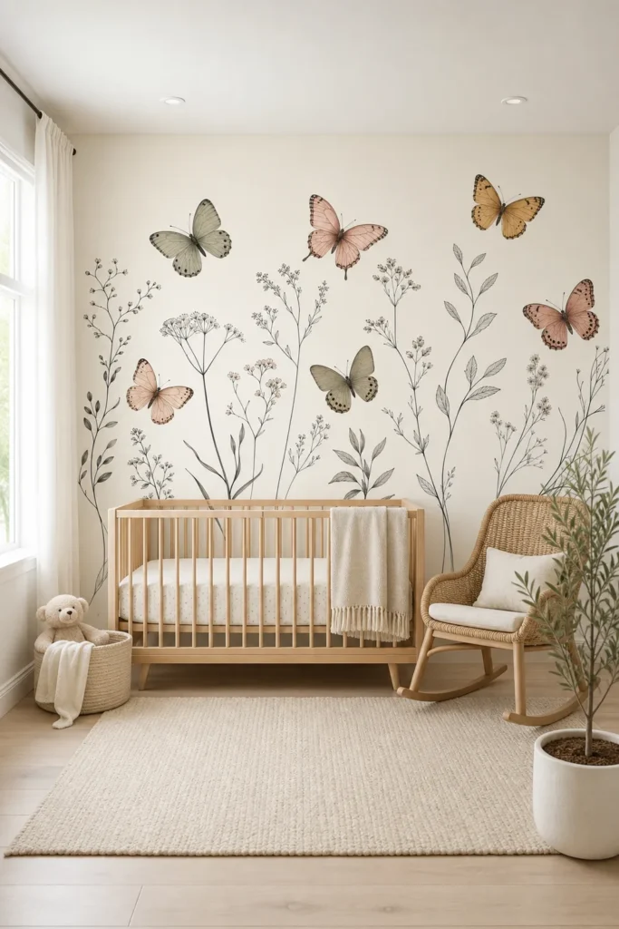 A Scandinavian minimalist nursery featuring a minimalist botanical butterfly line art wildflower wall mural behind a light wood crib.