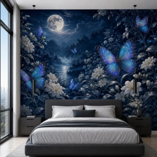 A modern minimalist primary suite featuring a moonlit blue butterfly night garden dreamscape wall mural behind a platform bed.