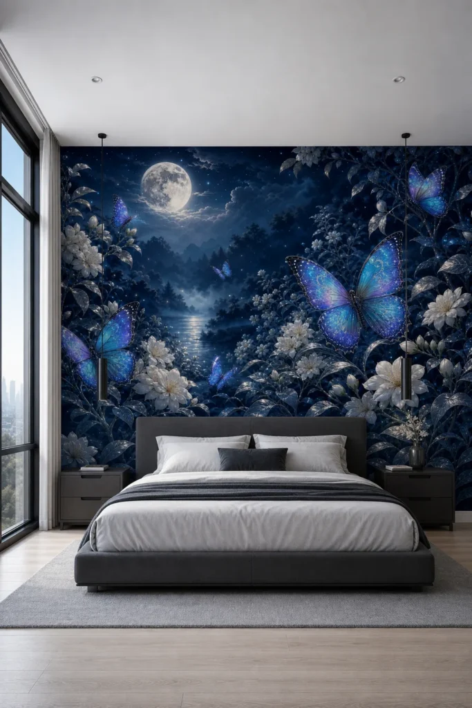 A modern minimalist primary suite featuring a moonlit blue butterfly night garden dreamscape wall mural behind a platform bed.
