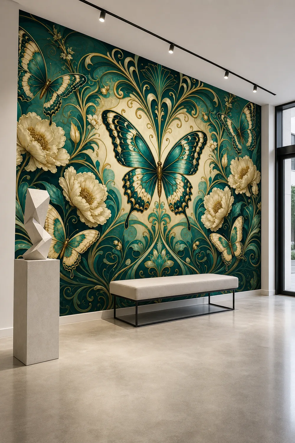 A boutique lobby featuring an art nouveau butterfly floral garden decorative wall mural on a main feature wall.