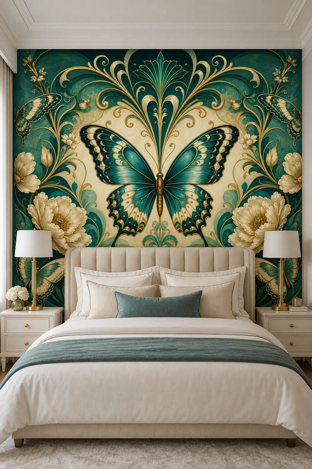 A luxury master bedroom featuring an art nouveau butterfly floral garden decorative wall mural on a symmetrical accent wall behind a king bed.