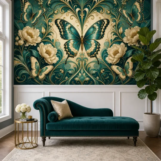A modern neoclassical drawing room featuring an art nouveau butterfly floral garden decorative wall mural applied above white wainscoting.