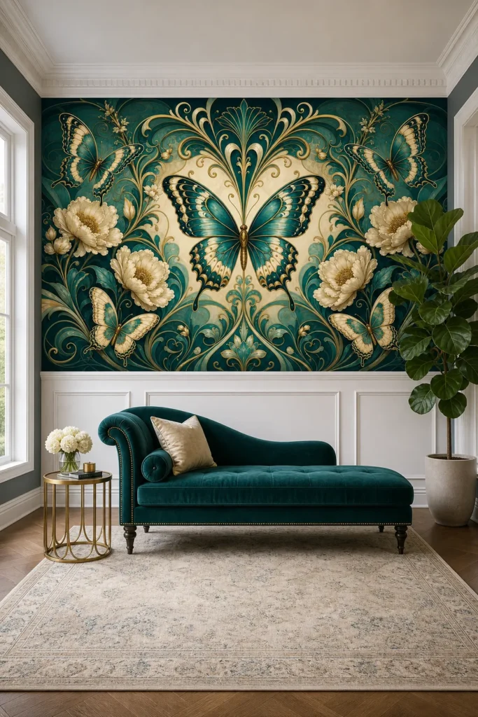 A modern neoclassical drawing room featuring an art nouveau butterfly floral garden decorative wall mural applied above white wainscoting.