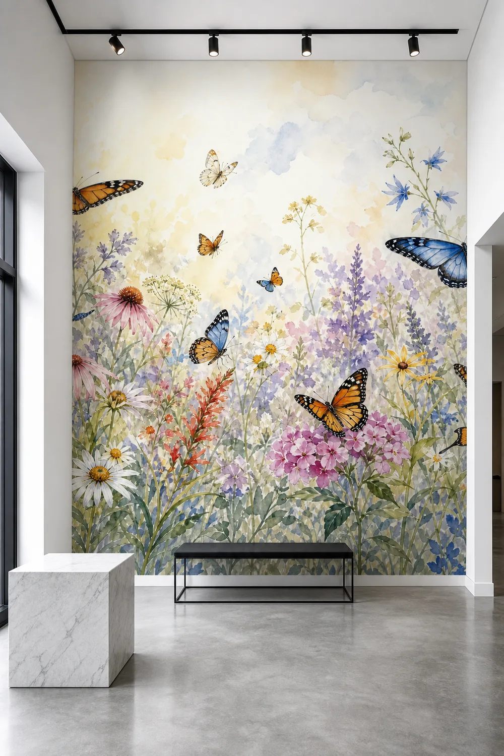 A high-end minimalist foyer featuring a watercolor butterfly wildflower meadow botanical wall mural installed on a tall gallery wall.