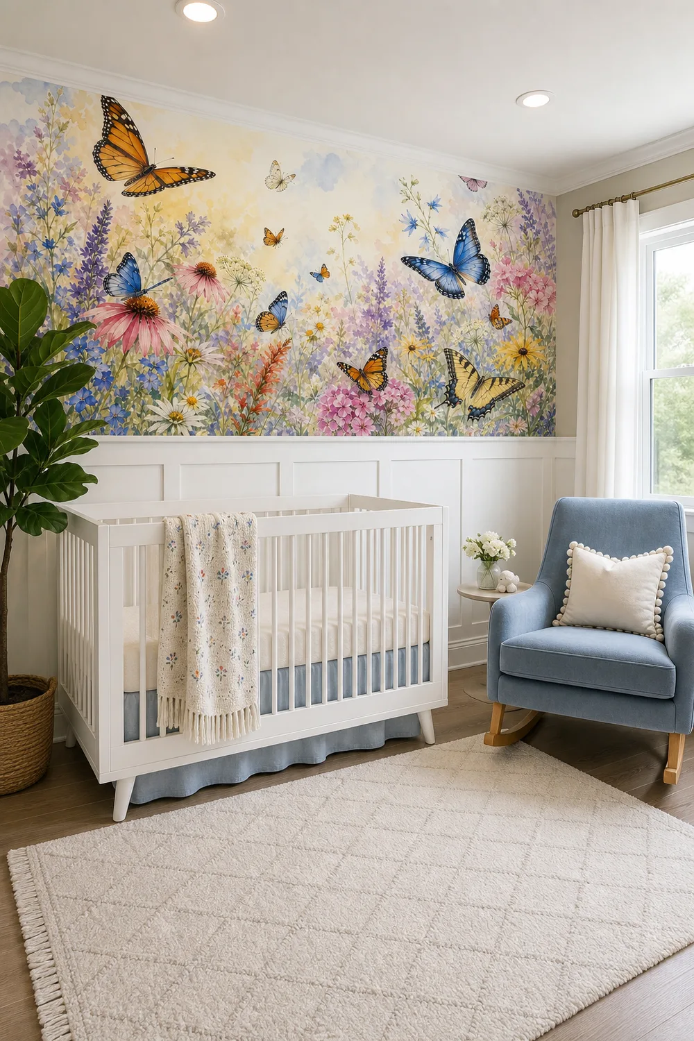 A transitional nursery featuring a white crib against a watercolor butterfly wildflower meadow botanical wall mural above white wainscoting.