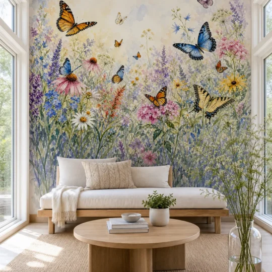 A modern Scandinavian sunroom featuring a watercolor butterfly wildflower meadow botanical wall mural on a large feature wall behind a minimalist daybed.