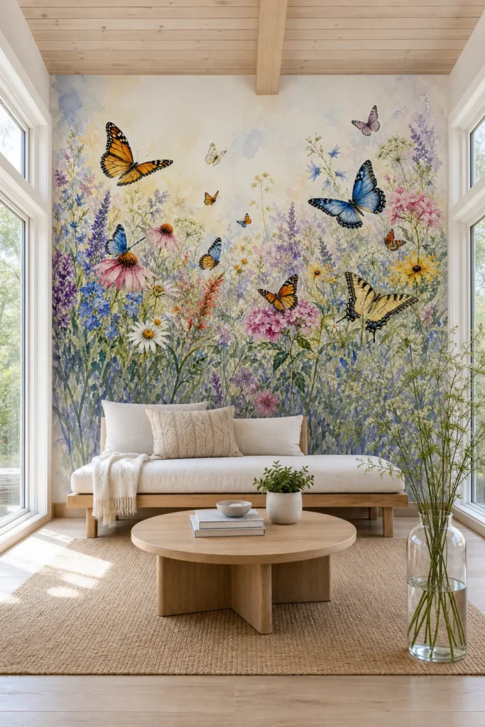 A modern Scandinavian sunroom featuring a watercolor butterfly wildflower meadow botanical wall mural on a large feature wall behind a minimalist daybed.