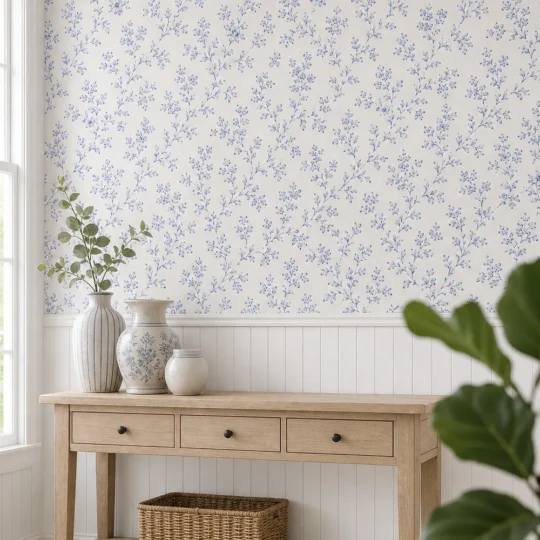 A modern coastal cottage room featuring a vintage blue and white floral toile wallpaper mural on a main accent wall above white wainscoting.