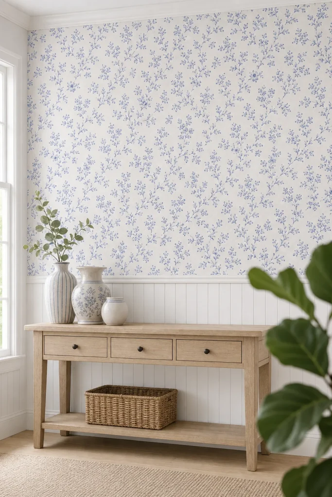 A modern coastal cottage room featuring a vintage blue and white floral toile wallpaper mural on a main accent wall above white wainscoting.
