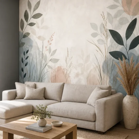 A modern Scandinavian living room featuring a scandinavian botanical silhouettes leaves wall mural on a large plaster feature wall behind a beige sofa.