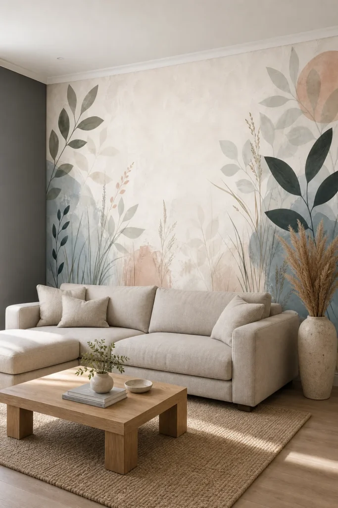 A modern Scandinavian living room featuring a scandinavian botanical silhouettes leaves wall mural on a large plaster feature wall behind a beige sofa.