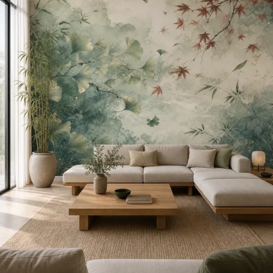 A modern Japandi living room featuring a misty ginkgo maple leaves wall mural on a large accent wall behind a low-profile sofa.